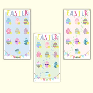 May include: Three colorful Easter-themed posters. Each poster features decorated Easter eggs with price tags, the word "EASTER" at the top, and a banner at the bottom. The posters have different background colors: blue, green, and pink.