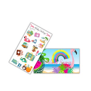 May include: A printable sheet with a summer holiday savings challenge. The sheet has a pink flamingo, a suitcase, a palm tree, a beach umbrella, a plane, and a camera. The sheet also has a rainbow, a watermelon, and a flamingo on a beach.