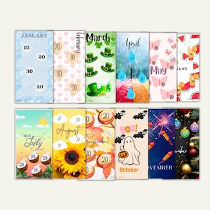 May include: Twelve illustrated money-saving challenge cards, each representing a month. Designs include snowflakes, hearts, shamrocks, butterflies, and seasonal themes. Each card has amounts to save, from £10 to £30.