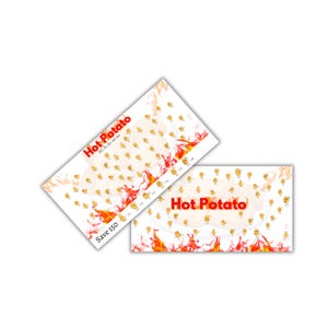 Puede incluir: Dos tarjetas blancas con un diseño rojo y amarillo de patatas de dibujos animados y llamas. El texto "Hot Potato" está en rojo en ambas tarjetas. La tarjeta superior dice "Save 150".