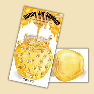 Könnte beinhalten: Aquarellillustration eines Spar-Trackers im Honigglas. Das Glas ist mit Bienenillustrationen gefüllt, jede mit einer Zahl, die den Sparbetrag angibt. Der Text "Honey Jar Savings" und "Save 275" sind sichtbar.