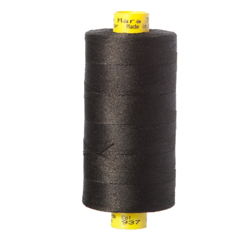 May include: A spool of black thread with yellow labels that read "Mara 70" and "Made in Italy" and "Col. 937".
