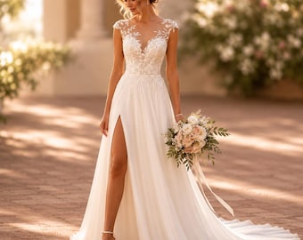 Boho-Hochzeitskleid aus Spitze mit Schlitz, transparentem Rückenausschnitt und 50 cm Schleppe, elegantes, fließendes langes Kleid