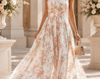 Abito lungo floreale senza schienale – Elegante abito boho per matrimoni, invitati a nozze, feste in giardino e cerimonie
