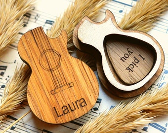 Personalized Guitar Pick with Pick Box, Gift For Guitar Player Custom wooden Plectrum Birthday Gift, Personalised Wooden Guitar Pick