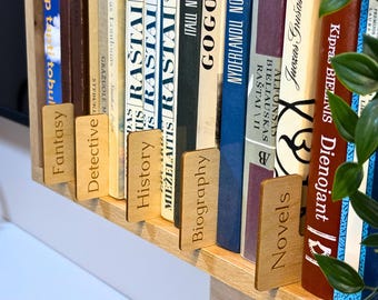 Wooden Book Genre Dividers for Shelves – Library Shelf Labels, Bookshelf Organizers, Thoughtful Gift for Readers