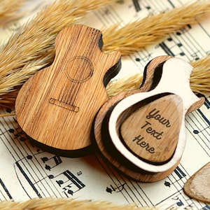 Caja de púas de guitarra personalizada, soporte de púas de madera personalizado, regalo personalizado para él, regalo para guitarrista, mini caja de guitarra