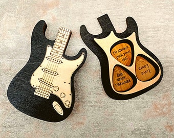 Support de boîte de sélection de guitare personnalisé, cadeau de Noël personnalisé pour lui petit ami mari gravé Plectrum Case cadeau de guitare électrique pour hommes