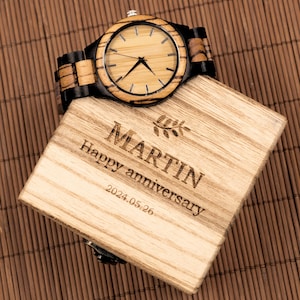 Reloj hecho a mano para hombre con caja de madera, regalo de Navidad personalizado para él, papá, novio, accesorios, reloj de pulsera de madera grabado, aniversario.
