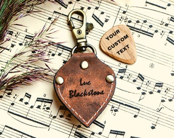 Personalized Guitar Pick Holder Leather Key Chain Gift for Him, Unique Christmas Gift for Men Boyfriend Guitar player Engraved Plectrum Case