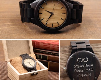 Handgefertigte Uhr für Männer mit Holzbox, personalisiertes Weihnachtsgeschenk für Ihn, Vater, Freund, Accessoires, gravierte Holzarmbanduhr, Jahrestag