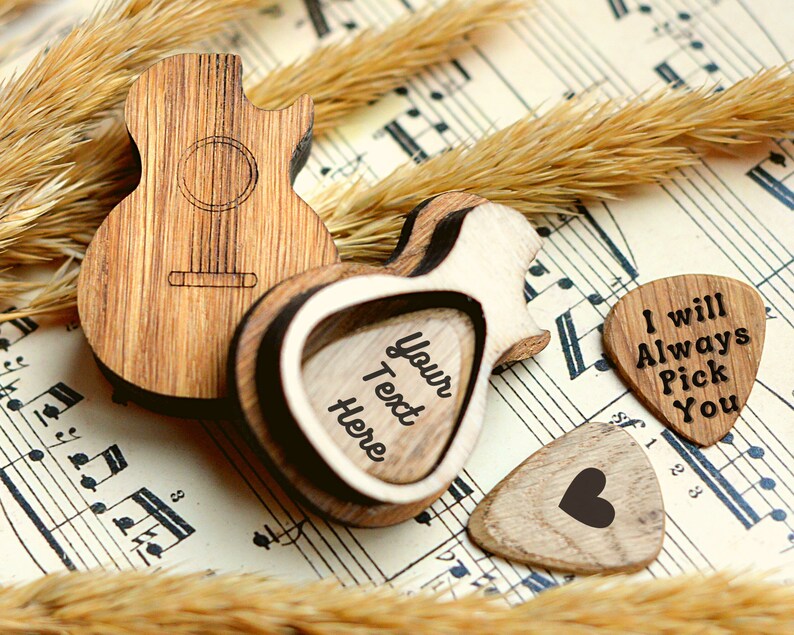 Personalized Guitar Pick with Pick Box, Gift For Guitar Player Custom wooden Plectrum Birthday Gift, Personalised Wooden Guitar Pick image 2