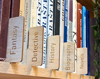 Book Genre Dividers Wooden Shelf Organizers for Books, CDs & Records – Library Shelf Tags, Gift for Book Lovers