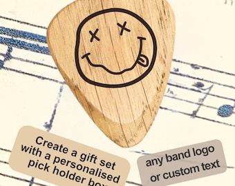 Personalized Nirvana Band Gift Guitar Pick and Box, Custom Rock Kurt Cobain Smiley Logo Plectrum Case Holder Music Gift for Him Boyfriend