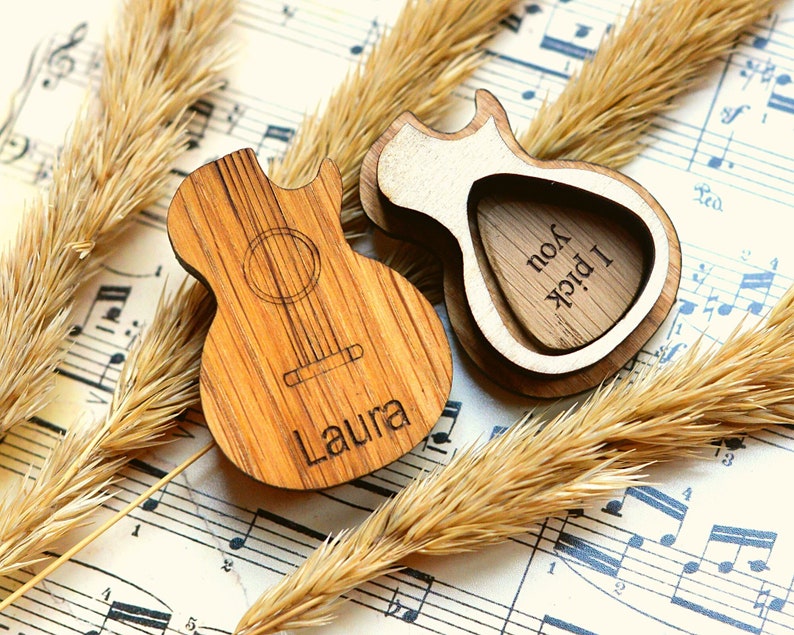 Personalized Guitar Pick with Pick Box, Gift For Guitar Player Custom wooden Plectrum Birthday Gift, Personalised Wooden Guitar Pick image 1