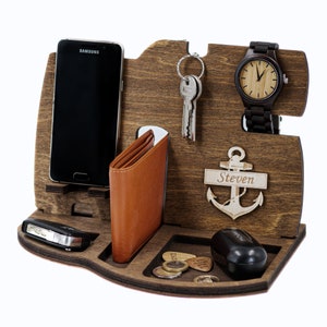 Personalised Phone Stand Gift for Him Boyfriend Tech Accessories Wooden Charging Docking Station Desk Organizer Birthday Anniversary Men Dad