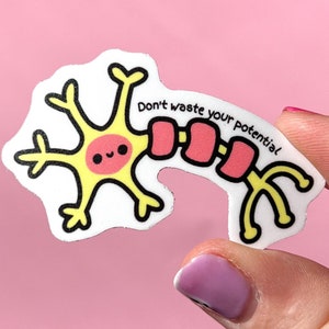 May include: A white sticker with a yellow cartoon neuron with a pink and red axon. The neuron has a smiling face and the text "Don't waste your potential" is written on the sticker.