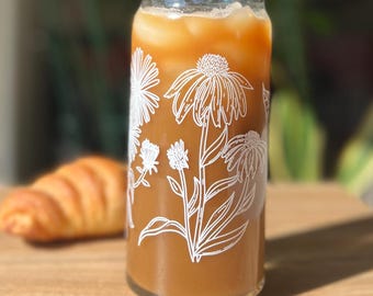Dishwasher safe Native wildflower cup, Illinois native flowers, Iowa native, flower outlines, glass can, glass tumbler, 20 oz iced coffee