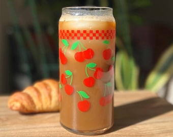 Dishwasher safe cup! Cherries cup, mental health cup, gift for therapist, vintage style, checkerboard, gift for her, 20 oz glass cup