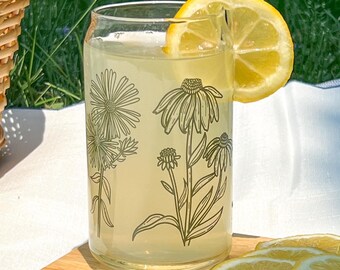 Dishwasher safe Native wildflower cup, Illinois native flowers, Iowa native, flower outlines, glass can, glass tumbler, screen printed glass