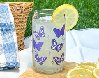 Dishwasher safe Butterfly cup, glass can, libbey 209, pink butterfly cup, purple butterfly cup, teal butterfly cup, cute glass cup,