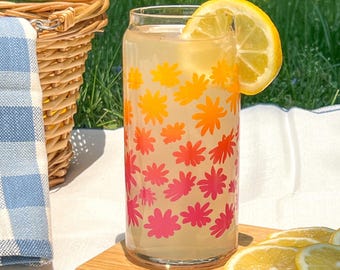 Flower cup, glass cup, dishwasher safe cup, ombré floral cup, 20 oz cup