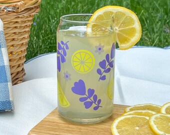 Lemon lavender cup, glass can, glass with bamboo lid, glass straw, dishwasher safe cup, mental health gift, iced coffee, glass cup