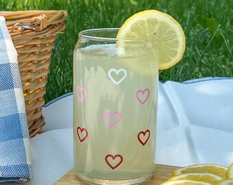 Heart cup, glass can, glass with bamboo lid, glass straw, dishwasher safe cup, mental health gift, valentines gift