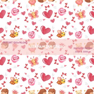 Könnte beinhalten: Nahtloses Muster mit roten Herzen, Rosen, Schmetterlingen und Bienen auf weißem Hintergrund. Das Design beinhaltet kleine rote Herzen, Papierflieger und den Text "INSTANT DOWNLOAD" und "LISA HAMZAH STUDIO".