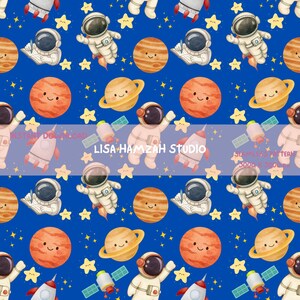 May include: Seamless pattern featuring astronauts, planets, rockets, stars, and satellites on a blue background. The design includes smiling planets and astronauts in space suits. The text "LISA HAMZAH STUDIO" is visible.