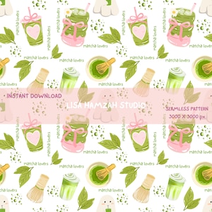 May include: A repeating pattern of matcha drinks, whisks, and leaves on a white backdrop. The design incorporates green matcha drinks with pink hearts, matcha bowls, and the text "matcha lovers". The words "Instant Download" and "Seamless Pattern" are also present.