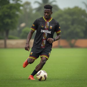 May include: A soccer player in a black jersey and shorts with red, yellow, and green accents, and the word "ZIMBABWE" printed on the front. The player is kicking a soccer ball on a green field, wearing orange cleats.
