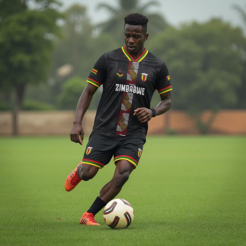 May include: A soccer player in a black jersey and shorts with red, yellow, and green accents, and the word "ZIMBABWE" printed on the front. The player is kicking a soccer ball on a green field, wearing orange cleats.