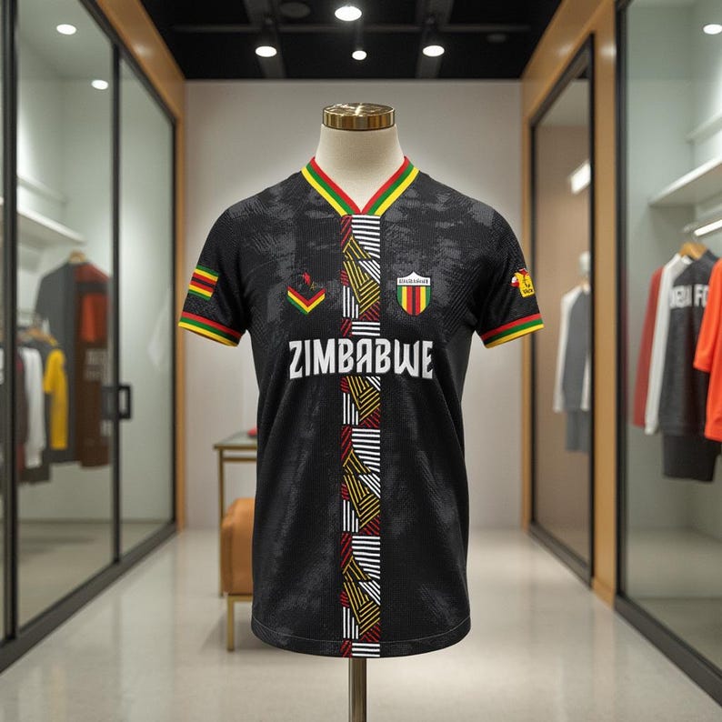 May include: Black soccer jersey with the word "ZIMBABWE" in white block letters. The jersey has a V-neck with green, yellow, and red trim. The sleeves have green, yellow, and red stripes. The jersey has a pattern of vertical stripes.