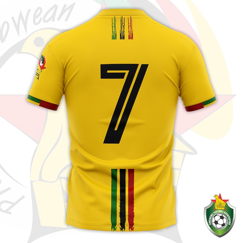 May include: A yellow soccer jersey with the number 7 in black on the back. The jersey has green, black, and red stripes on the back and shoulders, and the Zimbabwe Football Association logo on the sleeve.