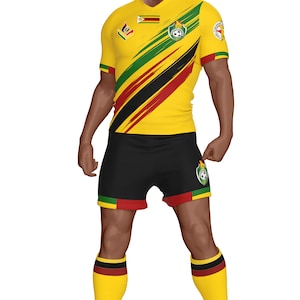 May include: A person wearing a yellow soccer jersey with green, black, and red stripes. The jersey has the Zimbabwe flag and team logo. The shorts are black, and the socks are yellow with black and red stripes. The outfit is for a soccer team.
