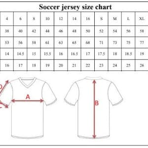 May include: Soccer jersey size chart with measurements for chest, back, cuff, and sleeve lengths. Sizes range from 2 to 5XL, with corresponding measurements in inches. Includes diagrams illustrating where to measure on a jersey.