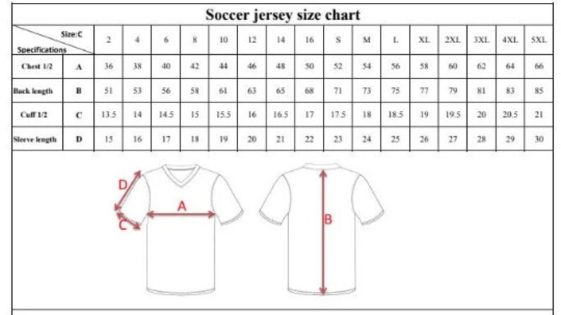May include: Soccer jersey size chart with measurements for chest, back, cuff, and sleeve lengths. Sizes range from 2 to 5XL, with corresponding measurements in inches. Includes diagrams illustrating where to measure on a jersey.