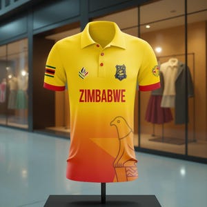 Puede incluir: Un polo amarillo con detalles rojos y verdes, con la palabra "ZIMBABWE" en rojo. La camisa tiene un diseño degradado y un gráfico de un pájaro. La camisa se exhibe en un soporte negro.
