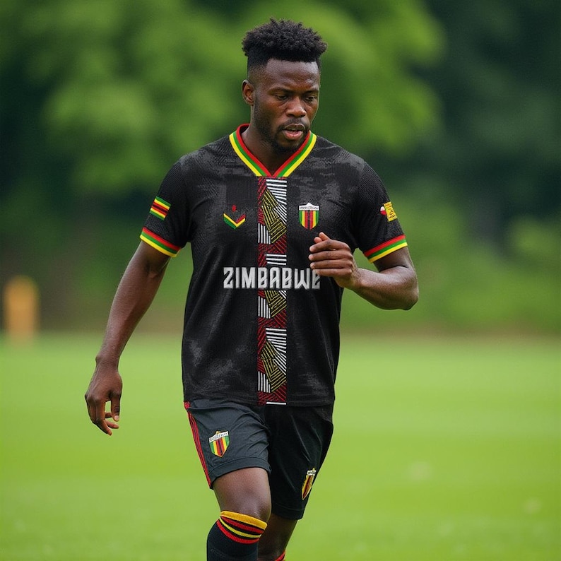 May include: A person wearing a black soccer jersey with the word "ZIMBABWE" in white. The jersey has red, yellow, and green accents, with the flag colors of Zimbabwe. The shorts are black.