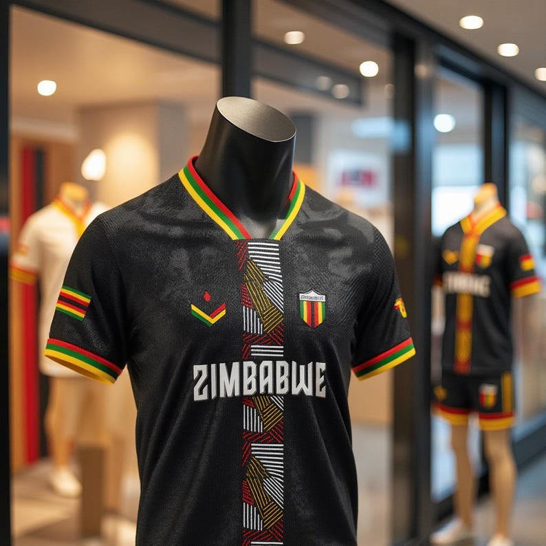 May include: Black jersey with the word "ZIMBABWE" in white. The jersey has a V-neck with red, yellow, and green trim. The sleeves also have the same trim. A small emblem is on the chest. The jersey is on a mannequin.