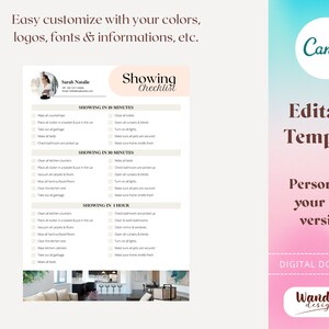 May include: A printable checklist for showing a house, with sections for 10 minutes, 30 minutes, and 1 hour. The checklist includes tasks such as wiping down countertops, vacuuming, and making sure the home smells fresh. The checklist is designed to be customized with your own colors, logos, fonts, and information.