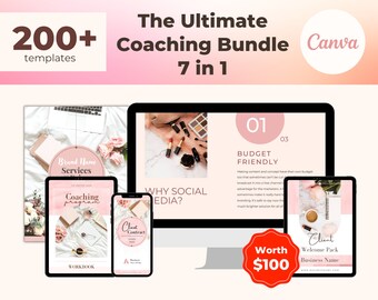 May include: A pink and white Canva template bundle for coaching businesses. The bundle includes 200+ templates, a coaching program workbook, a client contract, a welcome pack, and a budget-friendly guide. The bundle is worth $100.