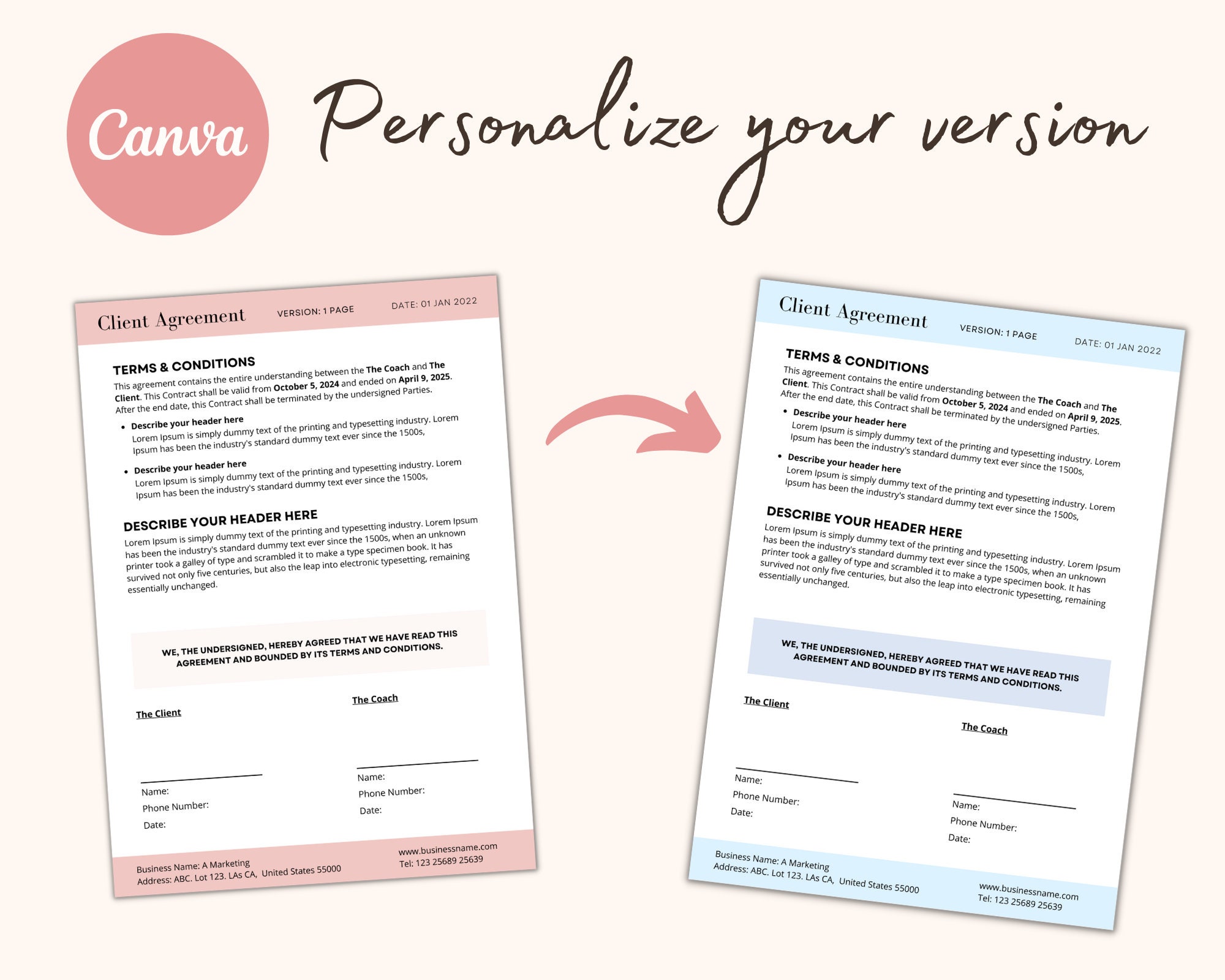 Editable Client Contract Template for Coaches (canva) - Etsy Canada