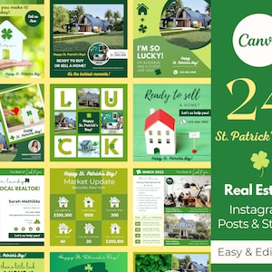 May include: A collection of 24 green and yellow Instagram post and story templates for real estate agents. The templates feature shamrocks, houses, and the text "Happy St. Patrick's Day!" and "Real Estate Instagram Posts & Stories".