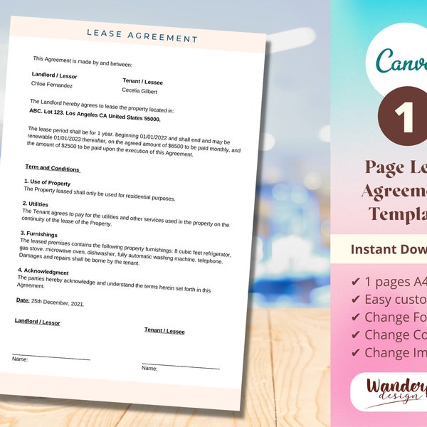 Simple 1 Page Lease Agreement, Residential Lease Contract, Property Lease Form Template, Rental Lease Agreement, Rental Invoice, Canva