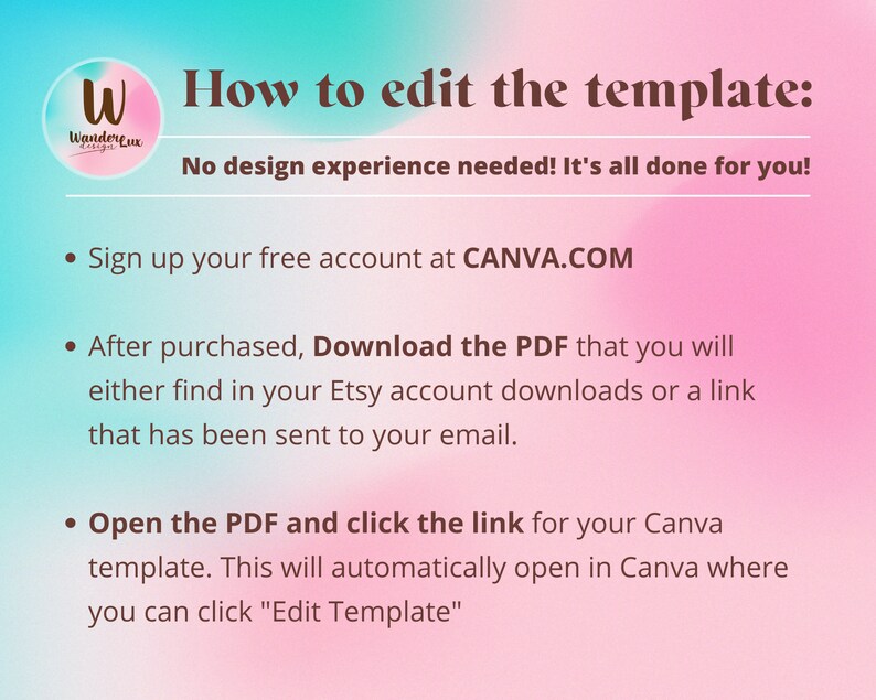 May include: Pink and blue graphic with instructions on how to edit a Canva template. The text says "How to edit the template: No design experience needed! It's all done for you!" and includes bullet points with instructions to sign up for a free account at CANVA.COM, download the PDF, and open the PDF and click the link to open the Canva template.
