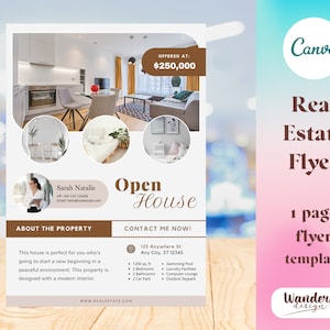 May include: A real estate flyer template with a photo of a modern kitchen and living room. The flyer includes the text "Open House", "$250,000", "About the Property", "Contact Me Now!" and "1200 sq ft, 2 Bedrooms, 2 Bathrooms, 2 Car Park, Swimming Pool, Laundry Facilities, Computer Lounge, Outdoor Skypark".