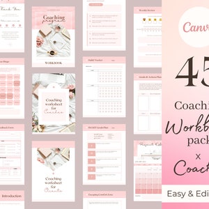 May include: A set of 45 printable coaching workbooks for coaches. The workbooks are pink and white with a floral design. The text on the cover says "45 Coaching Workbook pack x Coaches Easy & Editable".