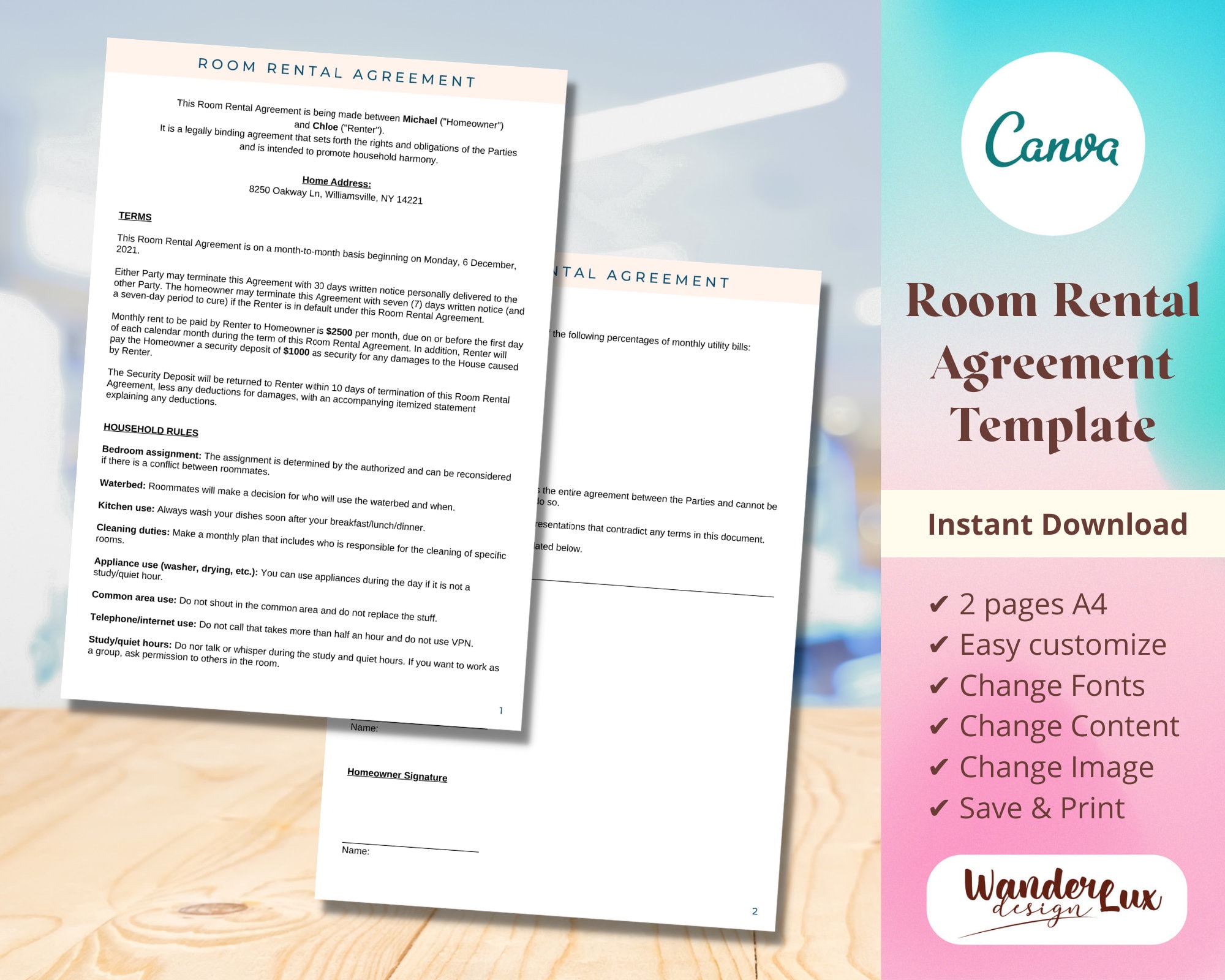 room rental agreement rental contract lease agreement etsy